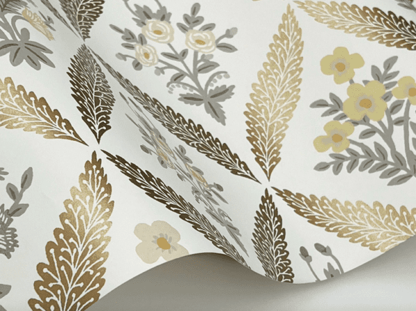 Gold and grey floral wallpaper pattern.