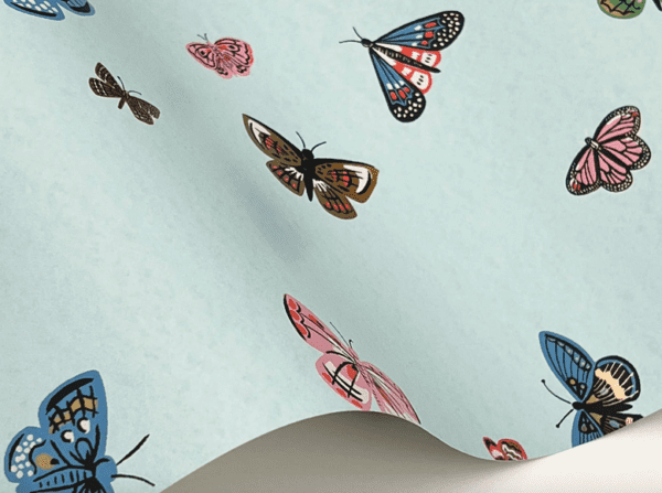 Blue background with colorful butterflies.