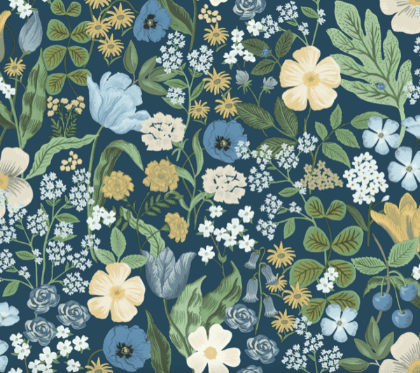 Blue and cream floral pattern fabric.