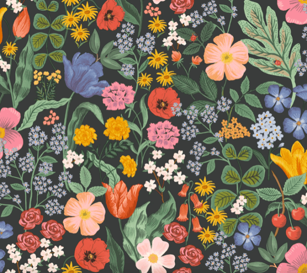 Dark floral pattern with colorful flowers.