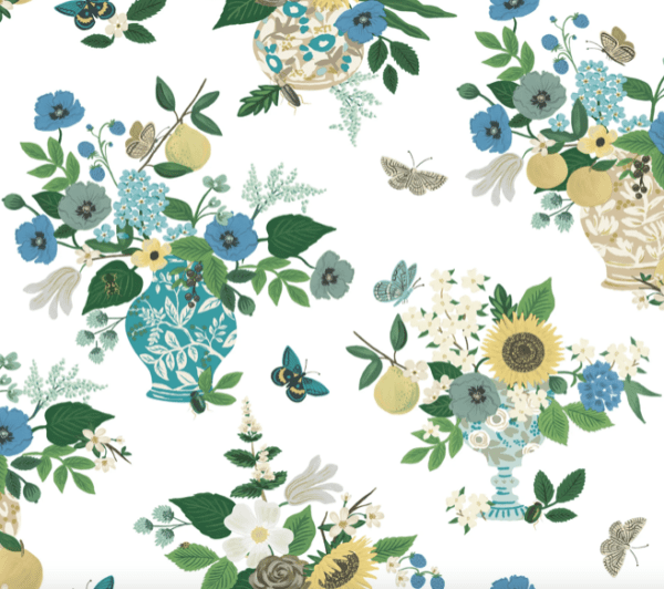 Floral bouquet pattern in teal vases.