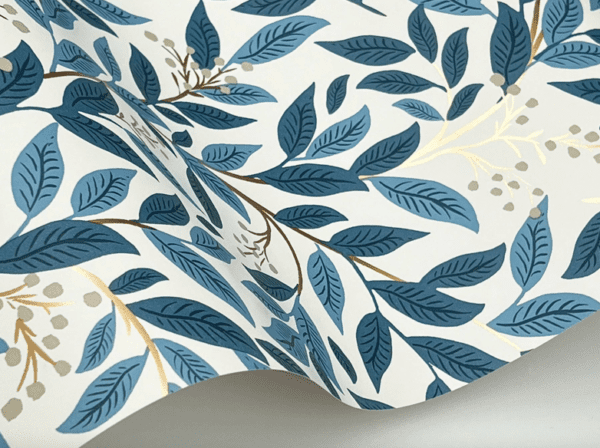 Blue leaf and gold sprig wallpaper.