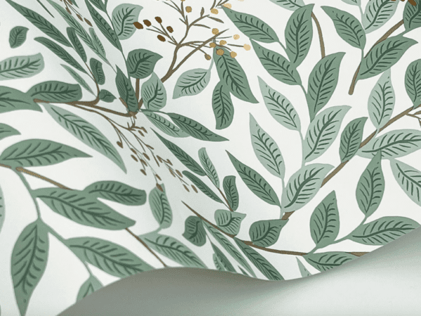 Green leaf wallpaper with gold accents.