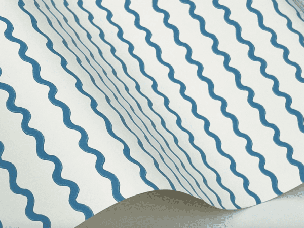 Blue wavy lines on white wallpaper.