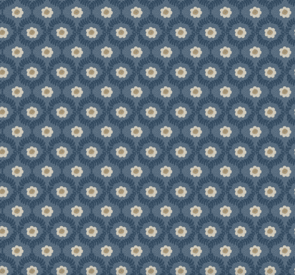 Here's an alt tag for the image: Floral repeat pattern, blue background.