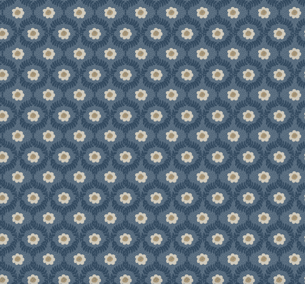 Here's an alt tag for the image: Floral repeat pattern, blue background.