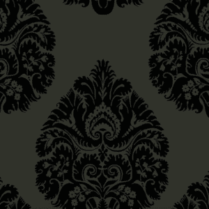 Black and gray damask pattern wallpaper.