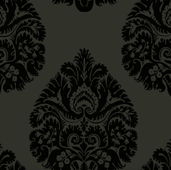 Black and gray damask pattern wallpaper.