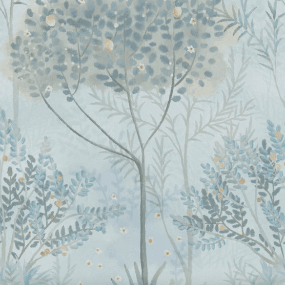 Misty blue floral wallpaper pattern.