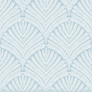 White leaf pattern on blue background.