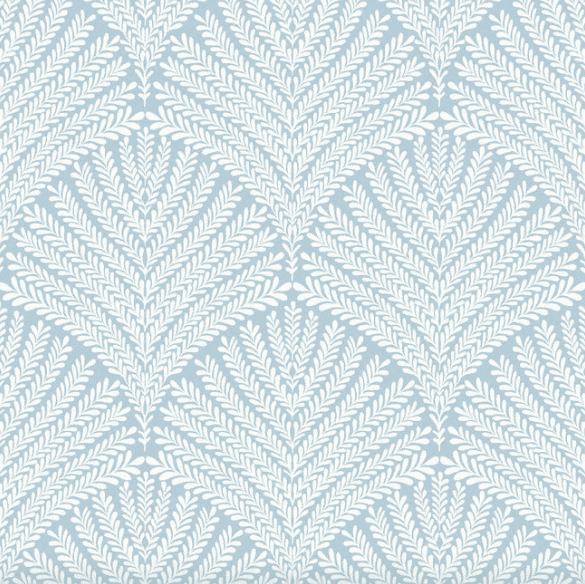 White leaf pattern on blue background.