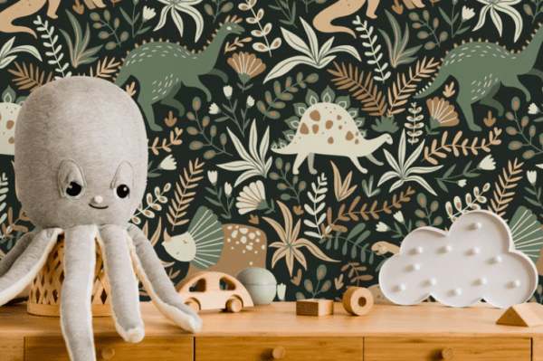 Dark floral dinosaur wallpaper with toys.