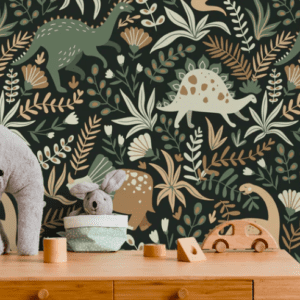 Dinosaur nursery wallpaper with plants.