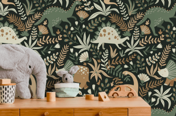 Dinosaur nursery wallpaper with plants.