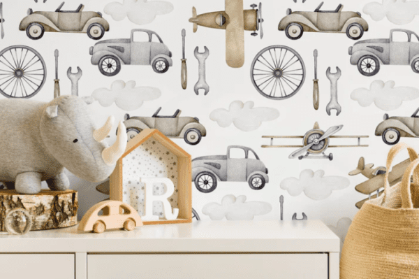 Kids' room wallpaper: planes and cars.