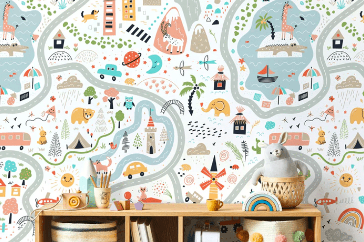 Whimsical children's road map wallpaper.