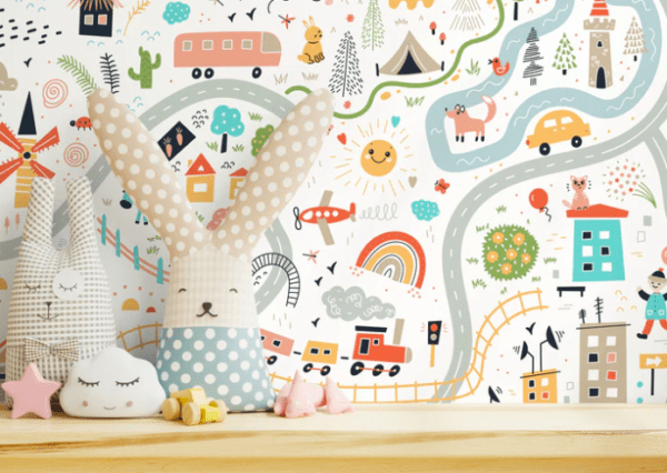 Kids' whimsical road map wallpaper.