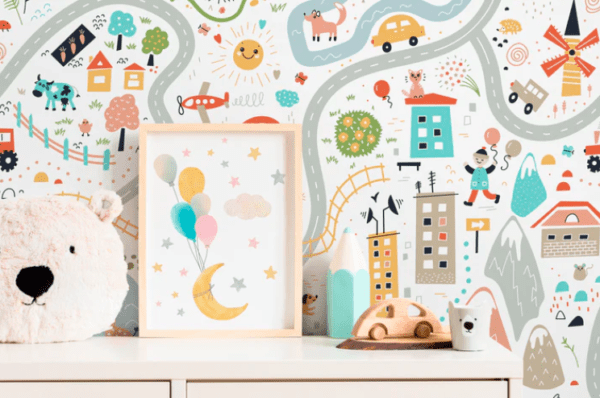 Kids' room wallpaper, whimsical town scene.