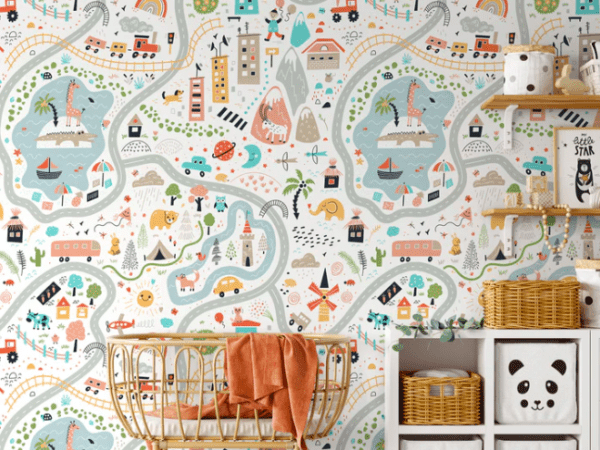 Whimsical children's map wallpaper.