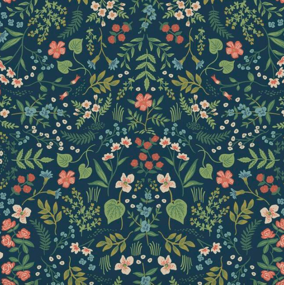 Floral pattern, navy blue background.