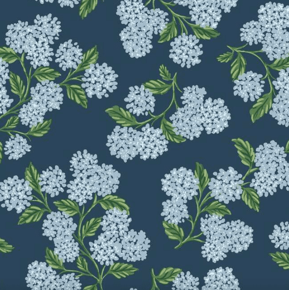 Blue hydrangea floral pattern on dark blue.