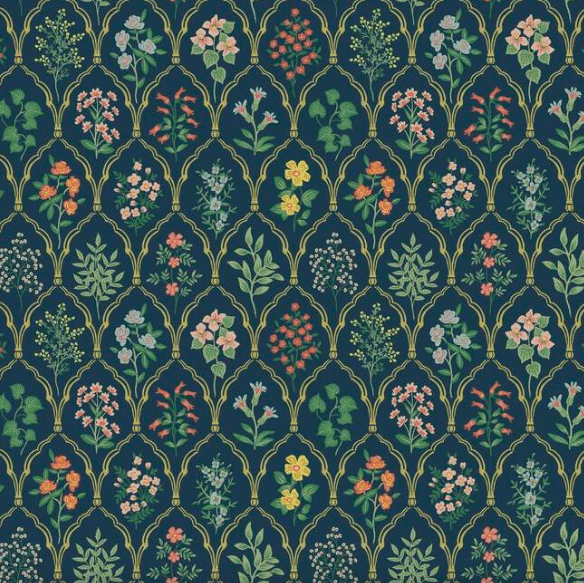 Floral pattern, navy blue background.