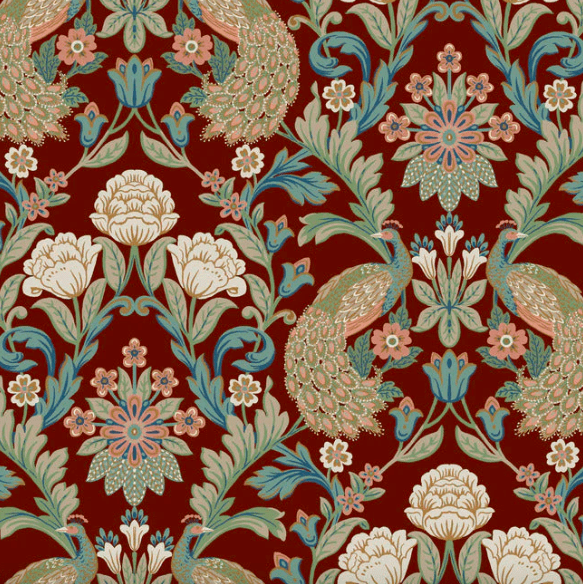 Red floral peacock textile pattern.