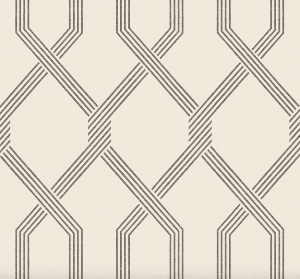 Beige background with dark gray lattice pattern.