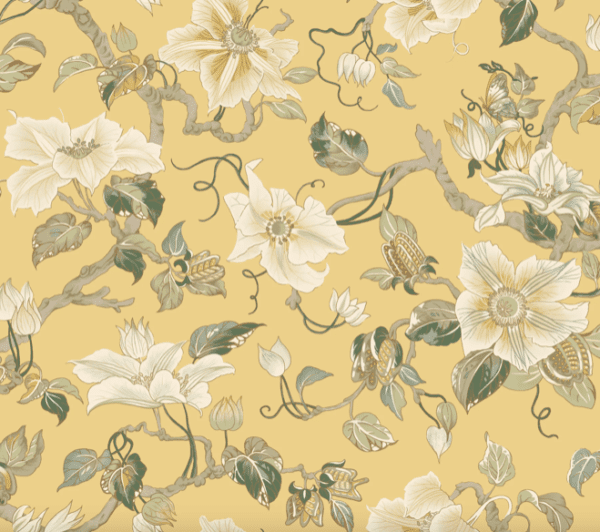 Yellow floral pattern, cream flowers.