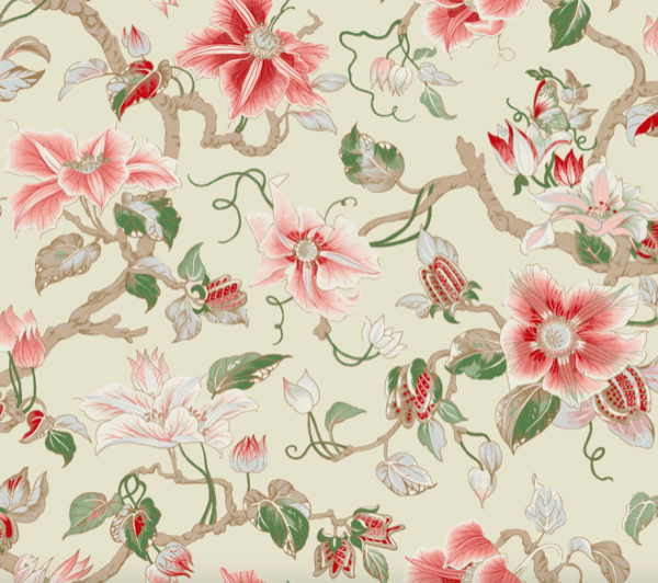 Floral pattern, pink and green blossoms.