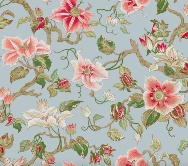 Floral pattern, pink and green on blue.