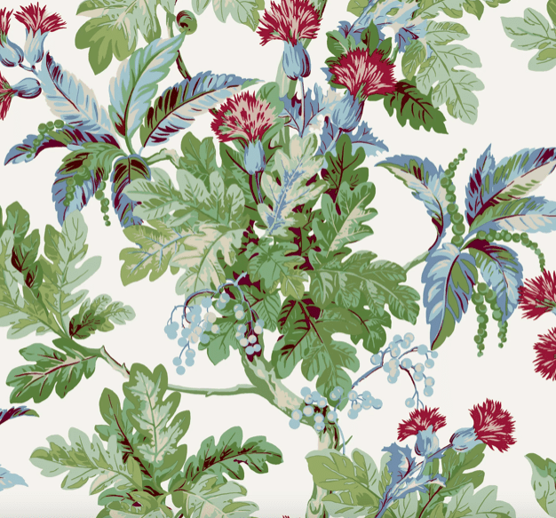 Floral textile pattern: green leaves, red flowers.