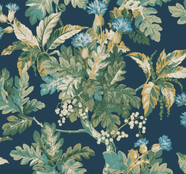 Navy floral wallpaper with leaves and berries.