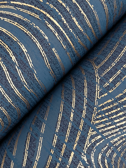 Here's an alt tag for the image: Blue and gold textured wallpaper.