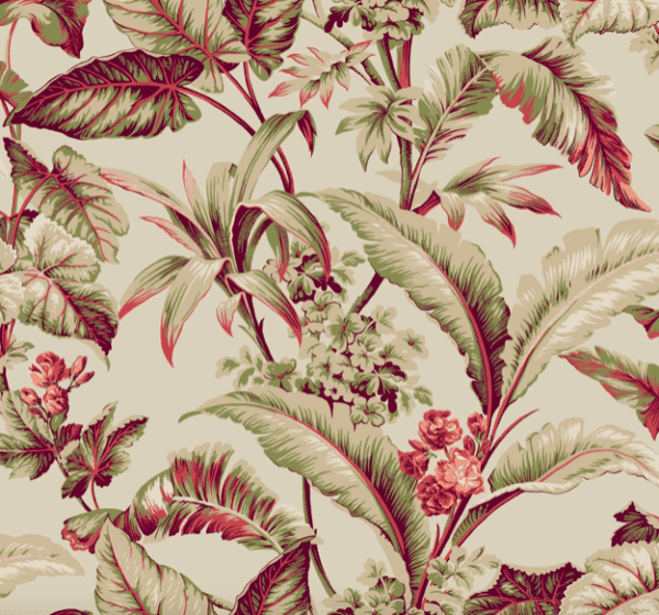 Tropical floral pattern, burgundy and green.