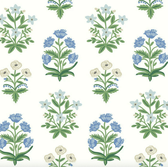 Blue and white floral fabric pattern.