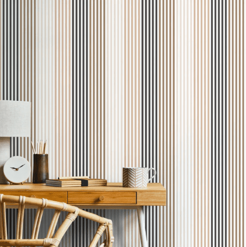 Beige, brown, and black striped wallpaper.