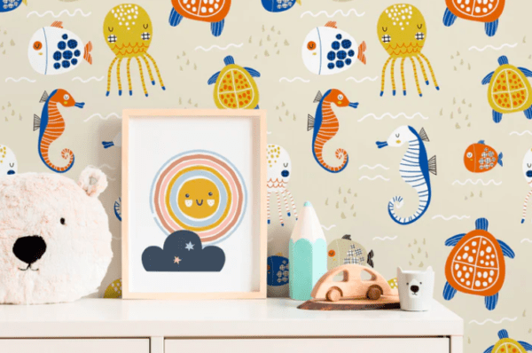 Sea creatures kids' room wallpaper.