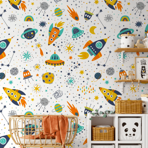 Kids' outer space rocket wallpaper.