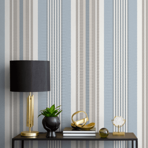 Blue and beige striped wallpaper.