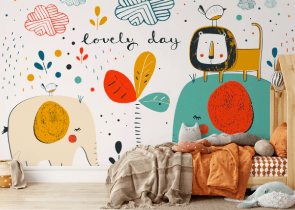 Lovely day animal mural kids room.