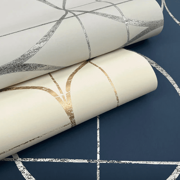 Geometric wallpaper in silver and gold.