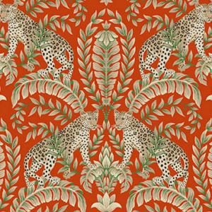 Red textile pattern, leopards, foliage.