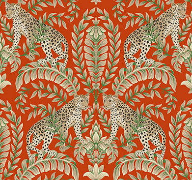 Red textile pattern, leopards, foliage.