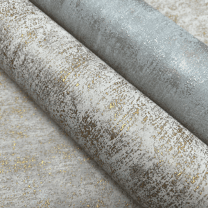 Grey and gold metallic wallpaper rolls.