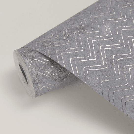 Here's an alt tag for the image: Grey chevron wallpaper roll.