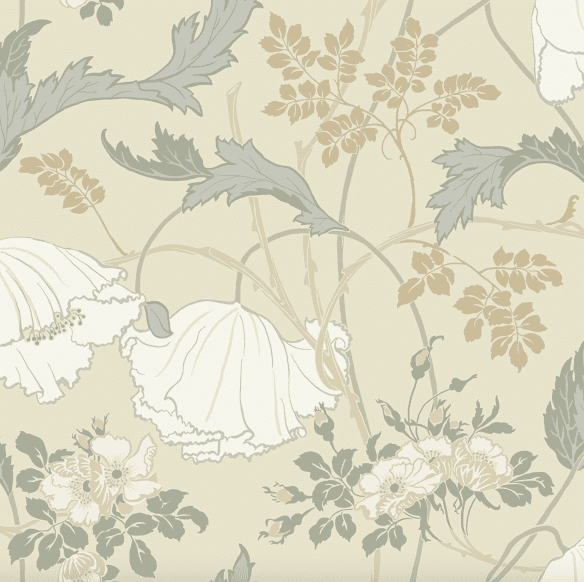 Floral wallpaper with poppies and ferns.