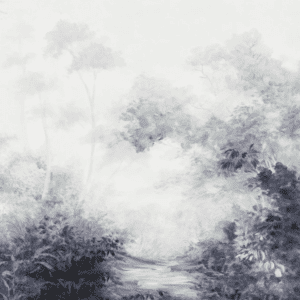 Monochrome watercolor forest path scene.