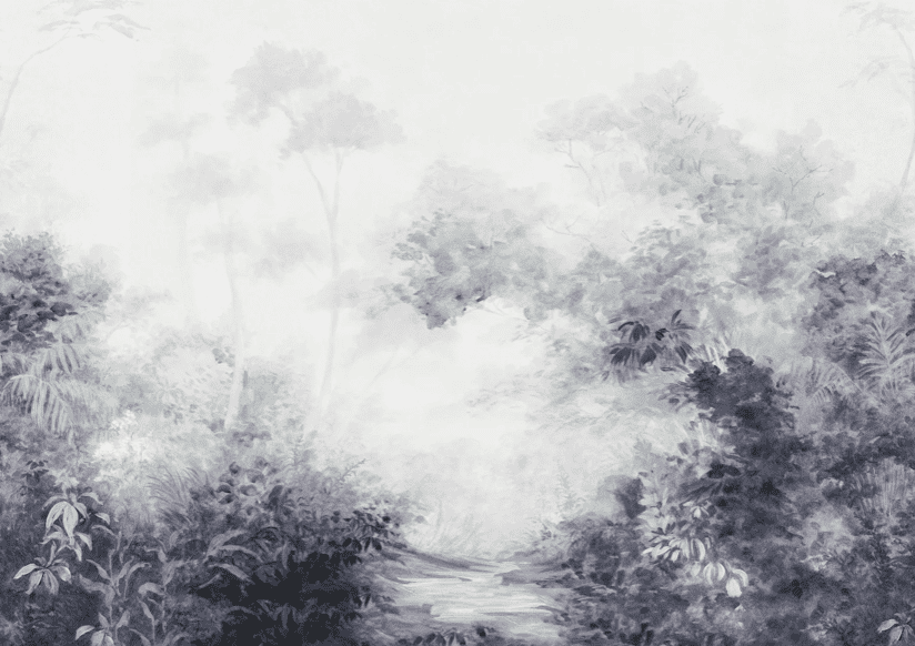 Monochrome watercolor forest path scene.