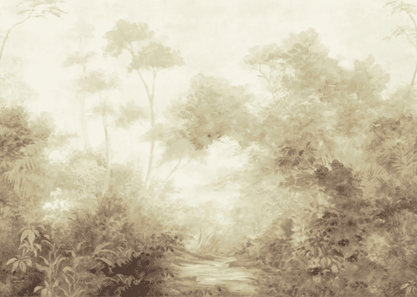 Sepia-toned painting of a forest path.